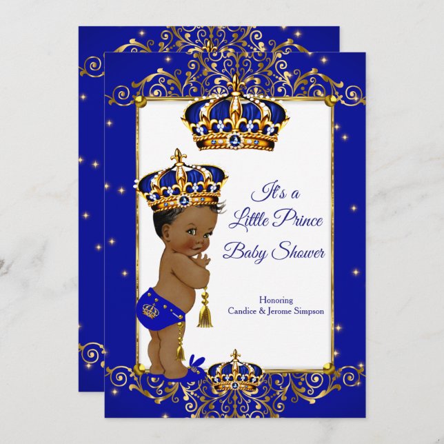 Prince Boy Baby Shower Royal Blue Gold Ethnic Invitation (Front/Back)