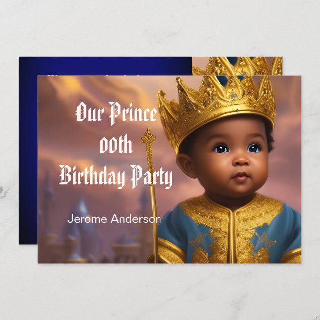 Prince Boy Birthday Blue Gold African American 2 Invitation (Front/Back)