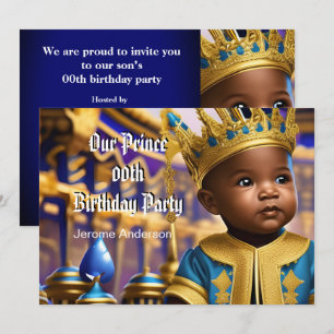 Prince Boy Birthday Blue Gold African American Invitation