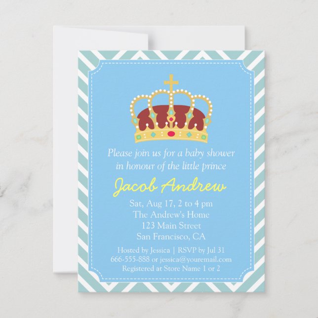 Prince Crown Baby Shower Blue White Chevron Invitation (Front)