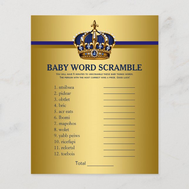 Prince Crown Baby Shower Games Word Scramble (Front)