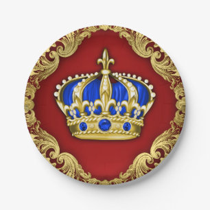 Prince Crown Red Blue Prince Baby Shower Paper Plate