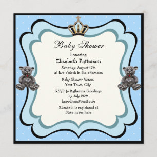 Prince Crown & Teddy Bear Jewels Boy Baby Shower Invitation