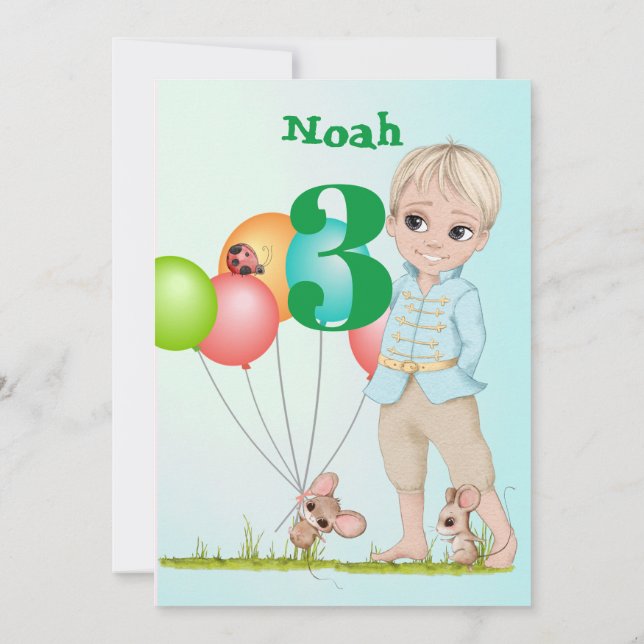 Prince Cute Blue Green Mouse Age Birthday  Invitation (Back)