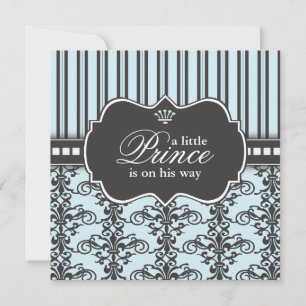 Prince Damask & Stripe Black & Blue Baby Shower Invitation