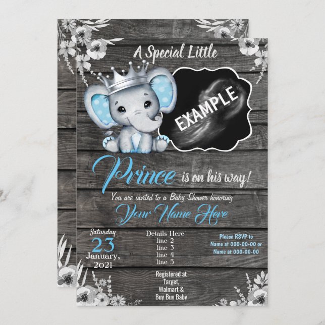 Prince Elephant Ultrasound Pic Invitation Blue (Front/Back)