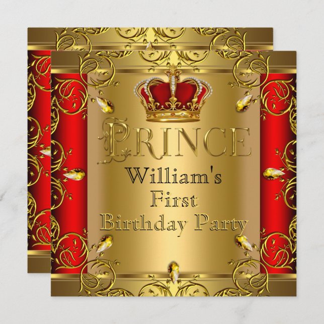 Prince First 1st Birthday Boy Red Gold Crown Invitation (Front/Back)