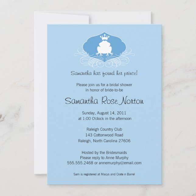 Prince Frog Themed Bridal Shower Invitation (Front)