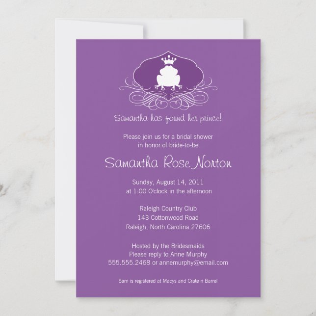 Prince Frog Themed Bridal Shower Invitation (Front)