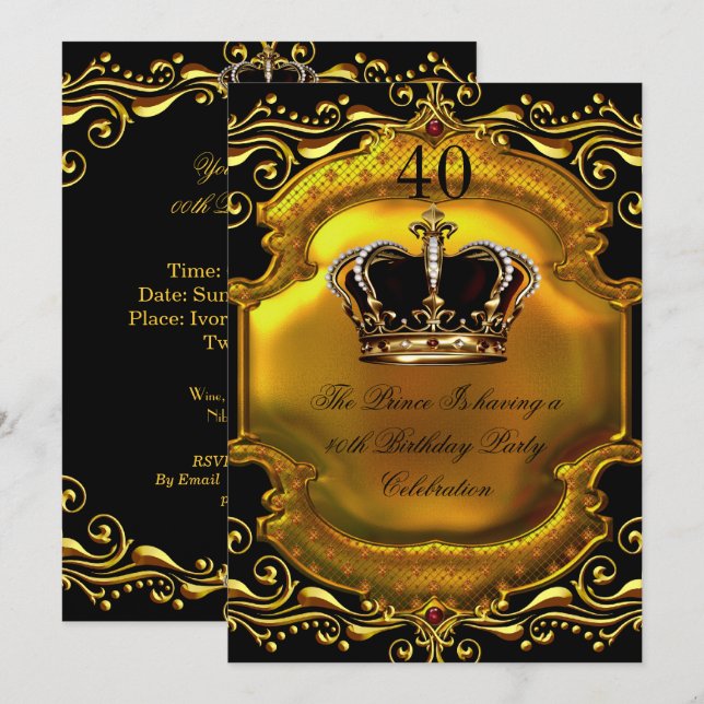 Prince King Gold Royal Black Crown Birthday 2 Invitation (Front/Back)