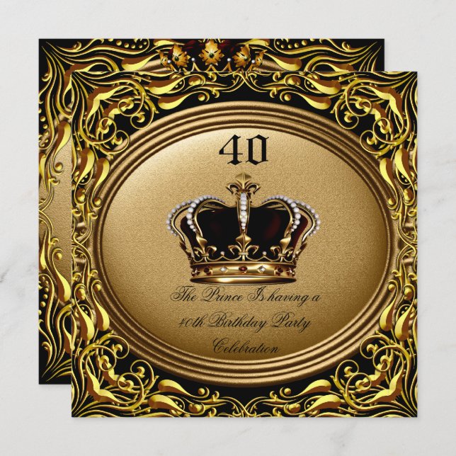 Prince King Gold Royal Black Crown Birthday 3 Invitation (Front/Back)