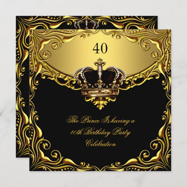 Prince King Gold Royal Black Crown Birthday Invitation (Front/Back)