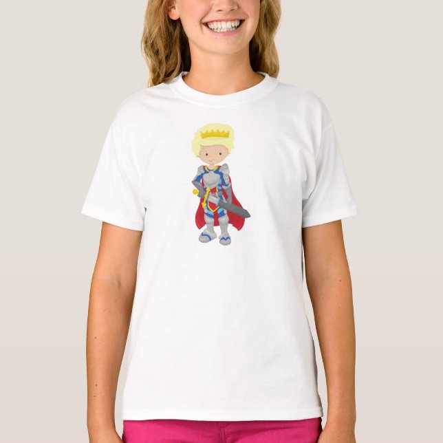 Prince, King, Knight, Sword, Crown, Blonde Hair T-Shirt (Front)
