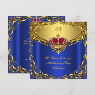 Prince King Red Gold Royal Blue Crown Birthday Invitation