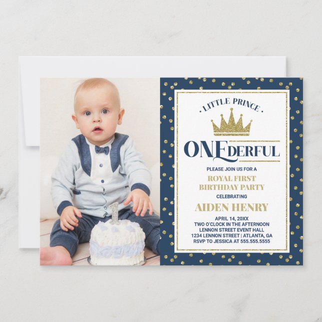 Prince ONEderful First Birthday Invitation, Blue Invitation (Front)