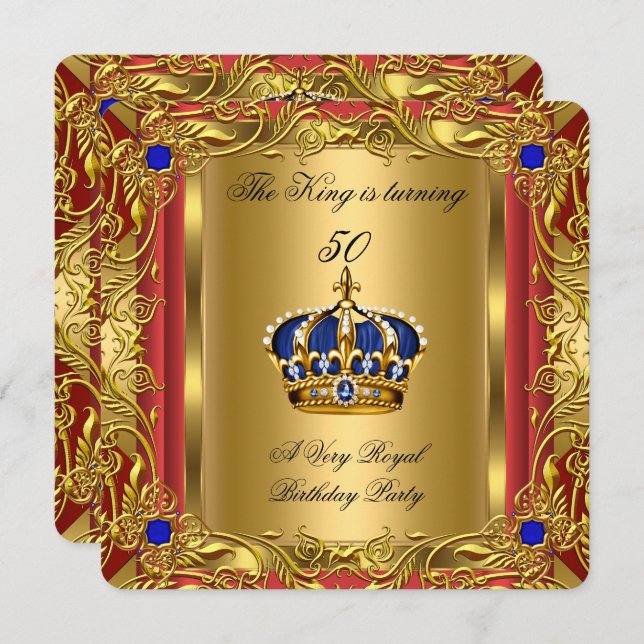Prince or King Red Gold Royal Blue Crown Birthday Invitation (Front/Back)