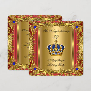 Prince or King Red Gold Royal Blue Crown Birthday Invitation