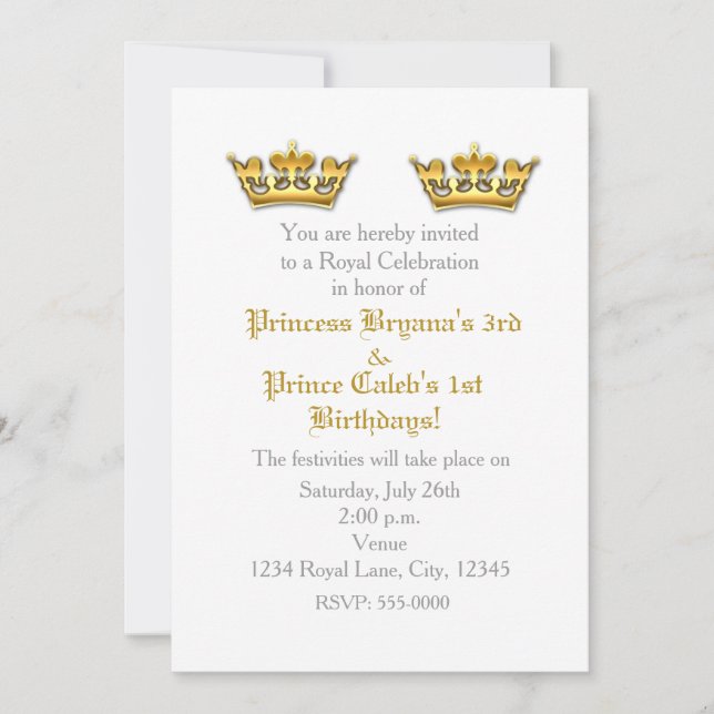 Prince Princess Gold Crowns Twins Party Invitation (Front)