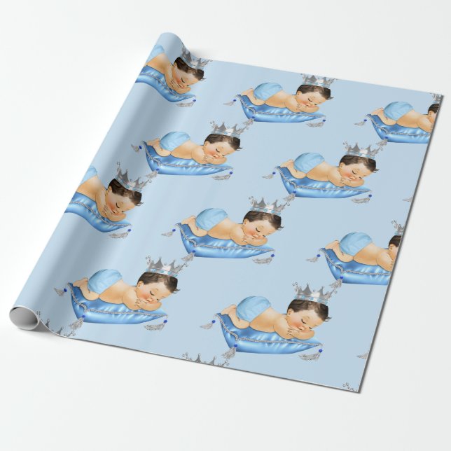 Prince Royal Baby Blue & Silver Pillow Boy Wrapping Paper (Unrolled)