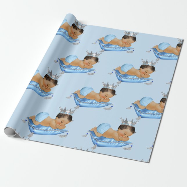 Prince Royal Baby Blue & Silver Pillow Boy Wrapping Paper (Unrolled)