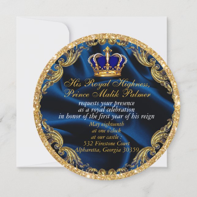 Prince Royal blue and gold crown and silk Invitati Invitation (Front)
