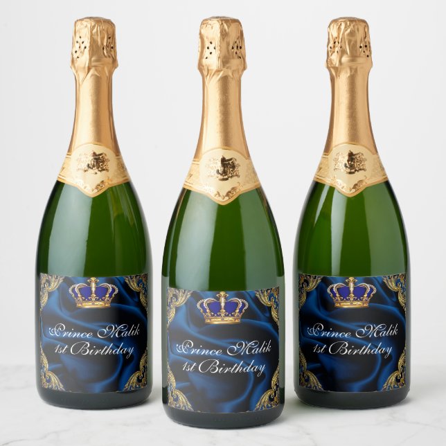 Prince Royal blue and gold crown and silk  Sparkling Wine Label (Bottles)