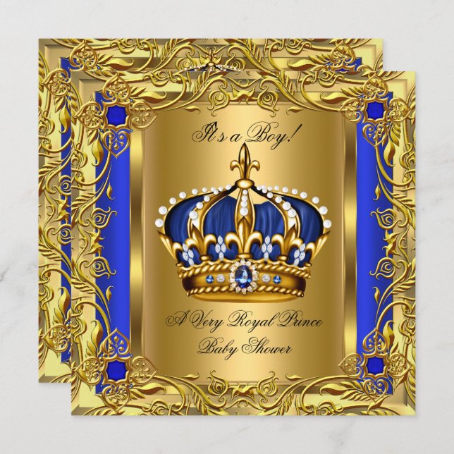 Prince Royal Blue Baby Shower Boy Regal Gold 2 Invitation (Front/Back)