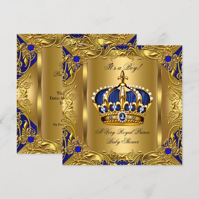 Prince Royal Blue Baby Shower Boy Regal Gold 3 Invitation (Front/Back)