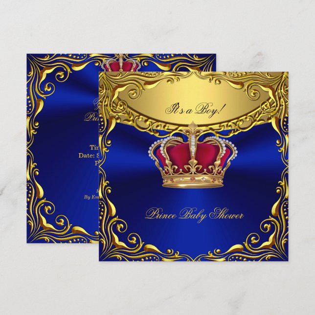 Prince Royal Blue Baby Shower Regal Red Gold Boy Invitation (Front/Back)