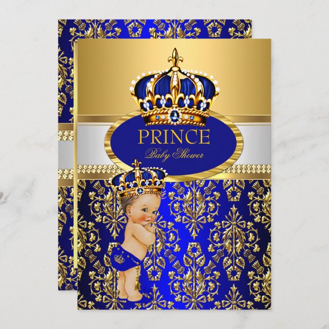 Prince Royal Blue Crown Baby Shower Brunette Boy Invitation (Front/Back)