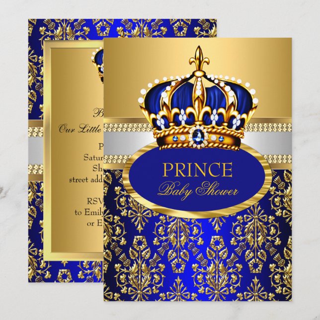 Prince Royal Blue Crown Baby Shower Invitation (Front/Back)