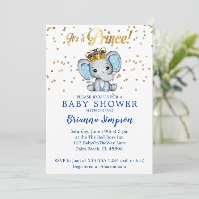Prince Royal Blue Gold Elephant Boy Baby Shower Invitation (Standing Front)