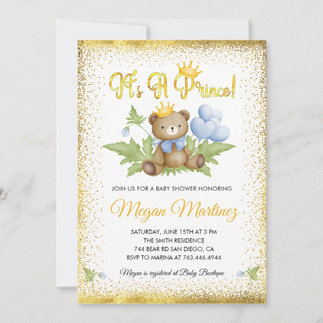Prince Royal Gold Little Bear Boy Baby Shower Invitation (Front)