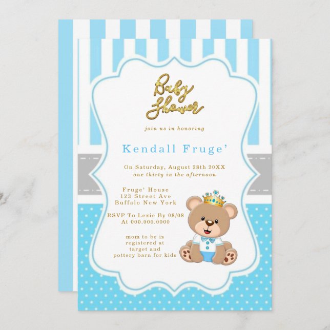 Prince Teddy Bear Baby Boy Shower Invites (Front/Back)
