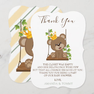 Prince Teddy Bear Swing Baby Shower Thank You Card