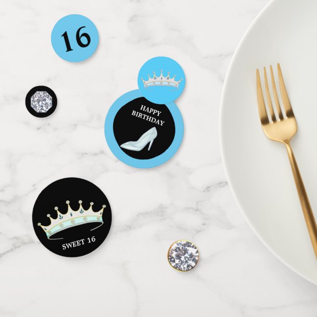 Princess 16th Birthday on turquoise blue & black Confetti (Group)
