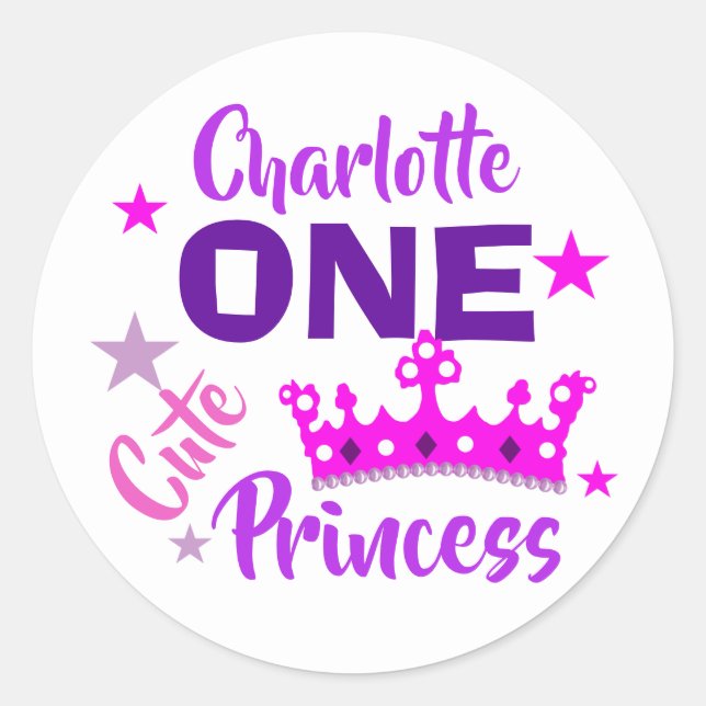 Princess 1st Birthday Girls Cute Personalised Classic Round Sticker (Front)