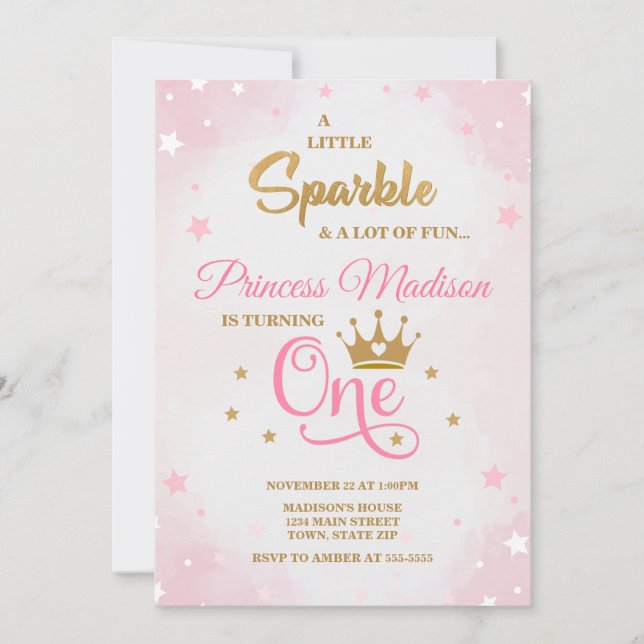 Princess 1st Birthday Invitation, Pink & Gold Invitation (Front)