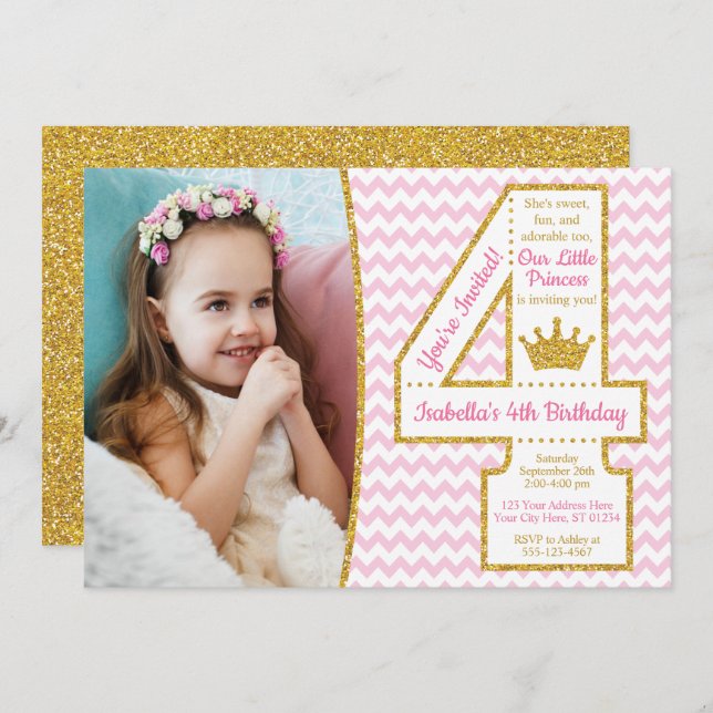 Princess 4th Birthday Invitation | Pink and Gold (Front/Back)