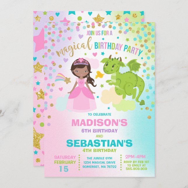 Princess And Dragon Birthday Invitation Siblings (Front/Back)