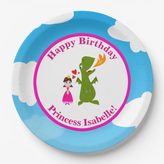 Princess and Dragon Fairy Tale Birthday Party Paper Plate (Front)