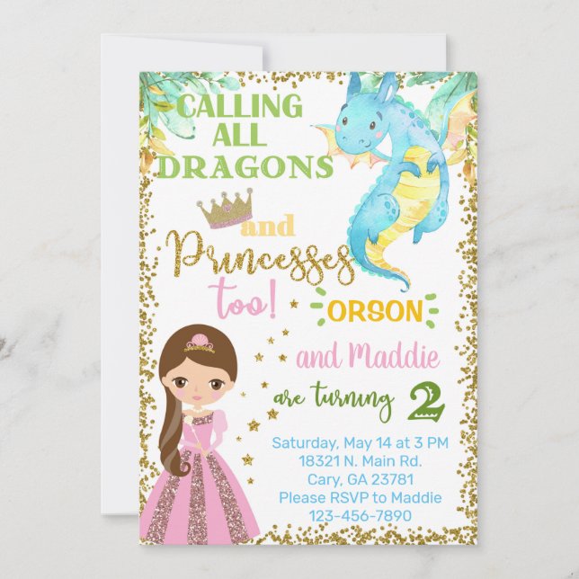 Princess and dragon siblings birthday invitation. invitation (Front)