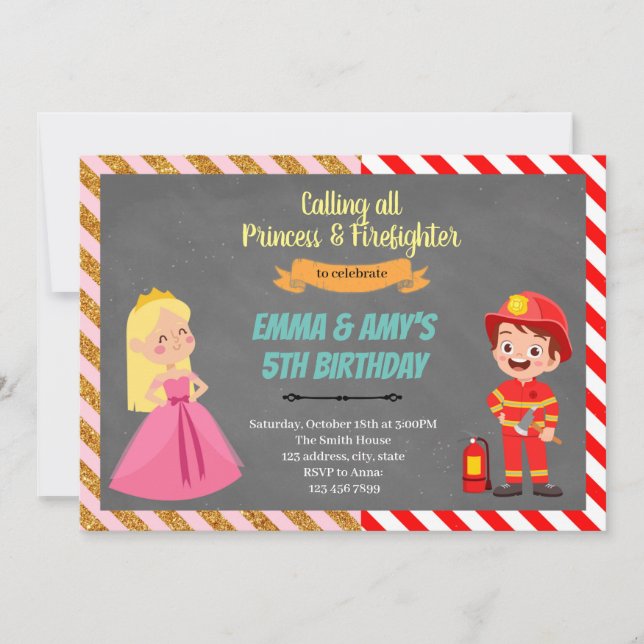Princess and firefighter joint party Invitation (Front)