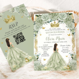 Princess and Frog Sage Green Floral Quinceañera QR Invitation