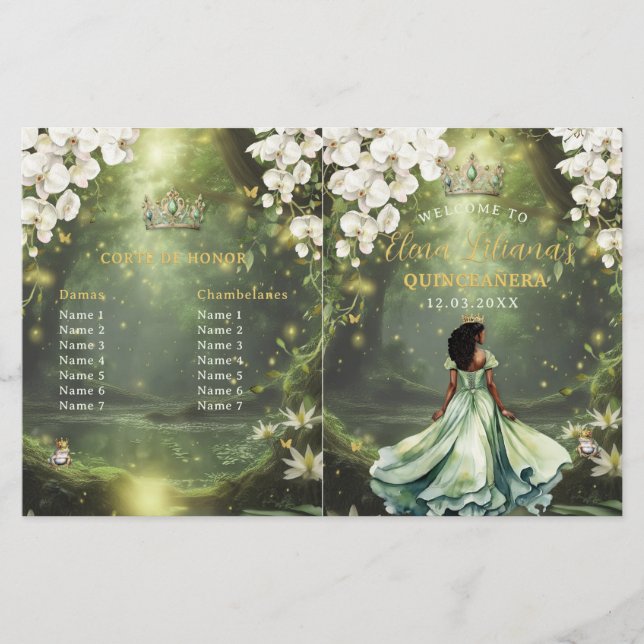 Princess and Frog Sage Green Quinceanera Program (Front)