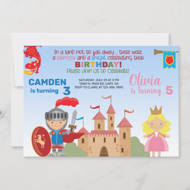 Princess and knight siblings birthday invitation. invitation (Front)