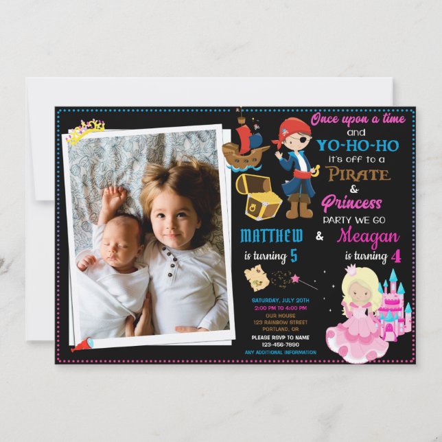 Princess and Pirate birthday invitation Two theme (Front)