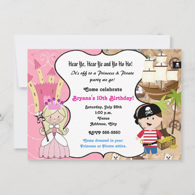 Princess and Pirate Birthday Party Invitation (Front)