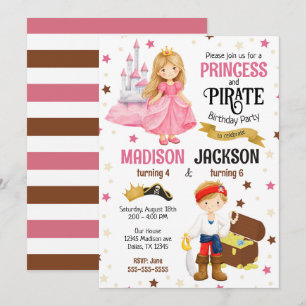 Princess and Pirate Kids Siblings Joint Birthday Invitation
