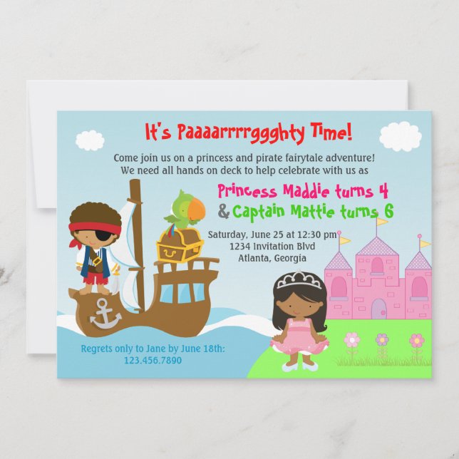 Princess and Pirate Twins Joint Birthday Party Invitation (Front)